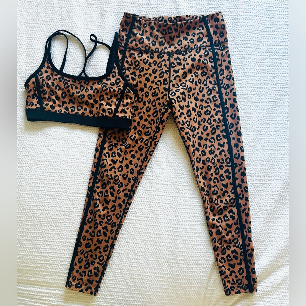 Aqua Leopard Print Workout Set - Sports Bra & Leggings - Brown & Black